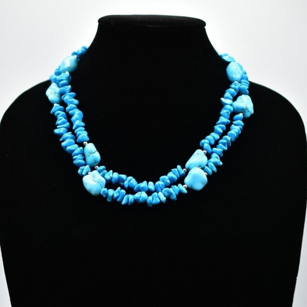 zvintage Statement Necklace Imitation Turquoise Stone Rock Long 21" Thick Bin4